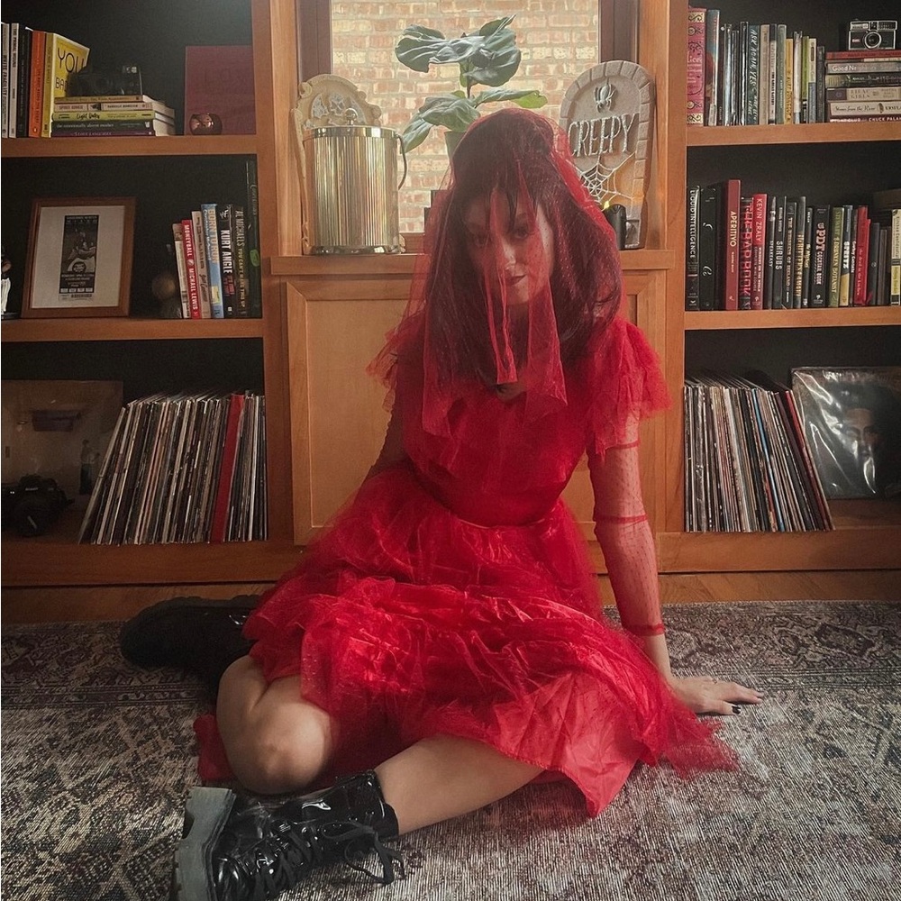Lydia Deetz beetlejuice red wedding dress costume size small. Wig included!